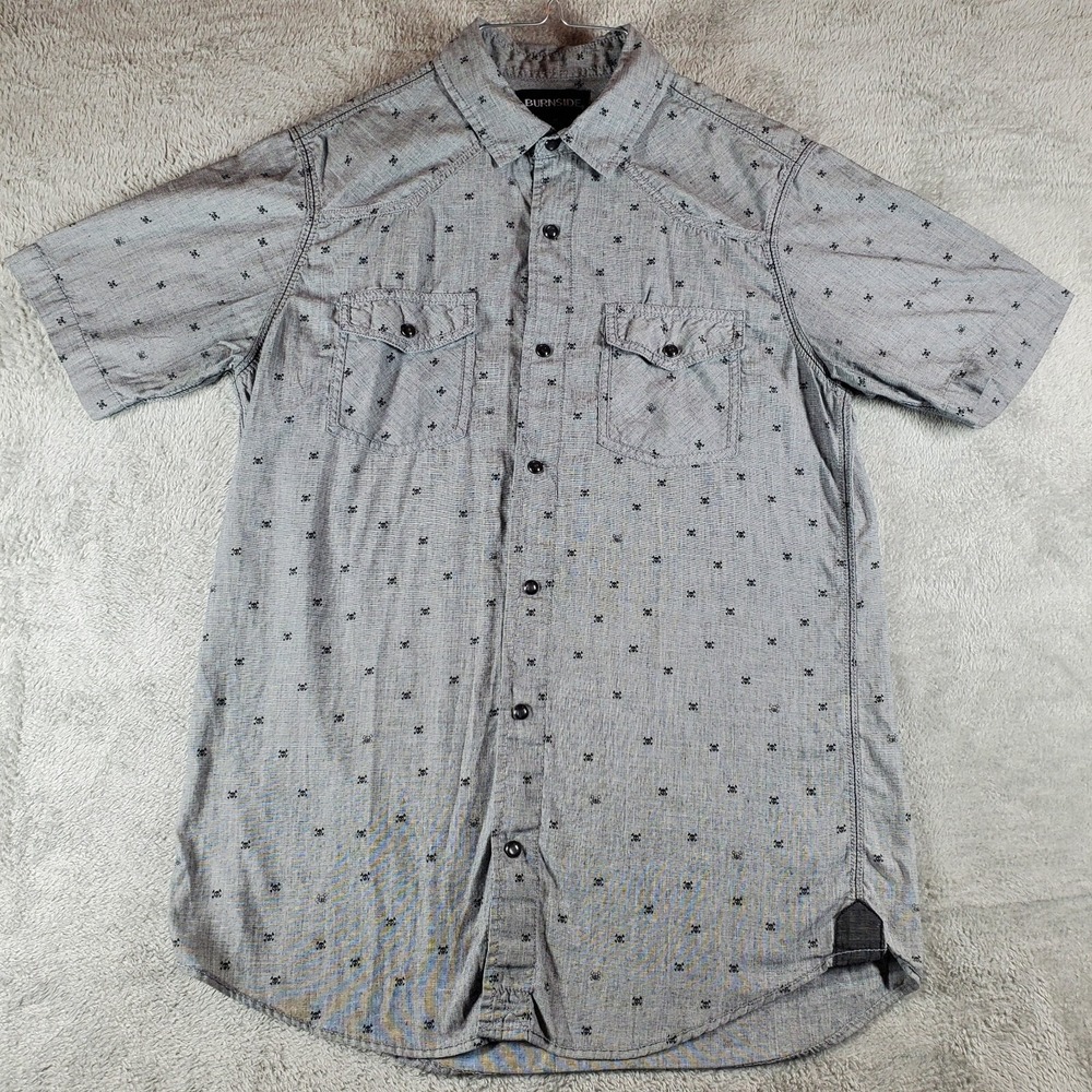 Burnside Pearl Snap‎ Shirt Men's Western Medium Gray Short Sleeve Cowboy Skull
